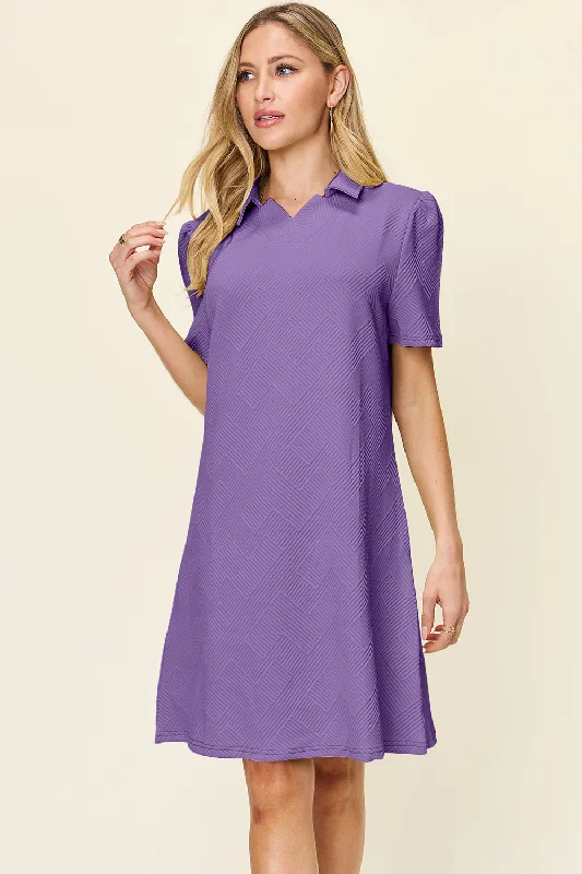 Warehouse Sale Double Take Full Size Texture Collared Neck Short Sleeve Dress