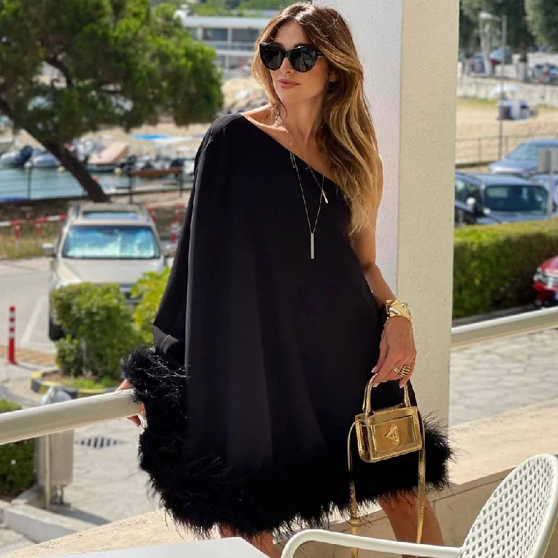 Closeout Sale Lavish One Shoulder Cape Style A Line Layered Faux Feather Mini Dress Closeout Sale Lavish One Shoulder Cape Style A Line Layered Faux Feather Mini Dress