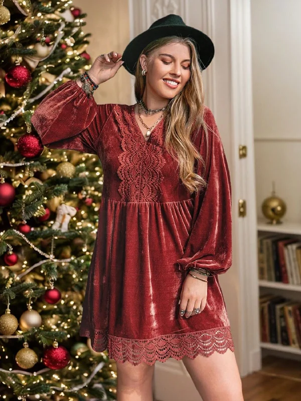 Reduced Prices Plus Size Lace Detail V-Neck Long Sleeve Mini Dress