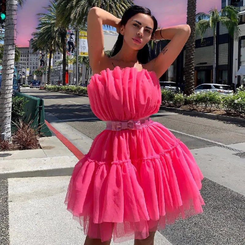 Deal of the Day Sweet Strapless Ruffle Bowknot Front Tulle Bandeau Mini Dress - Rose Deal of the Day Sweet Strapless Ruffle Bowknot Front Tulle Bandeau Mini Dress - Rose
