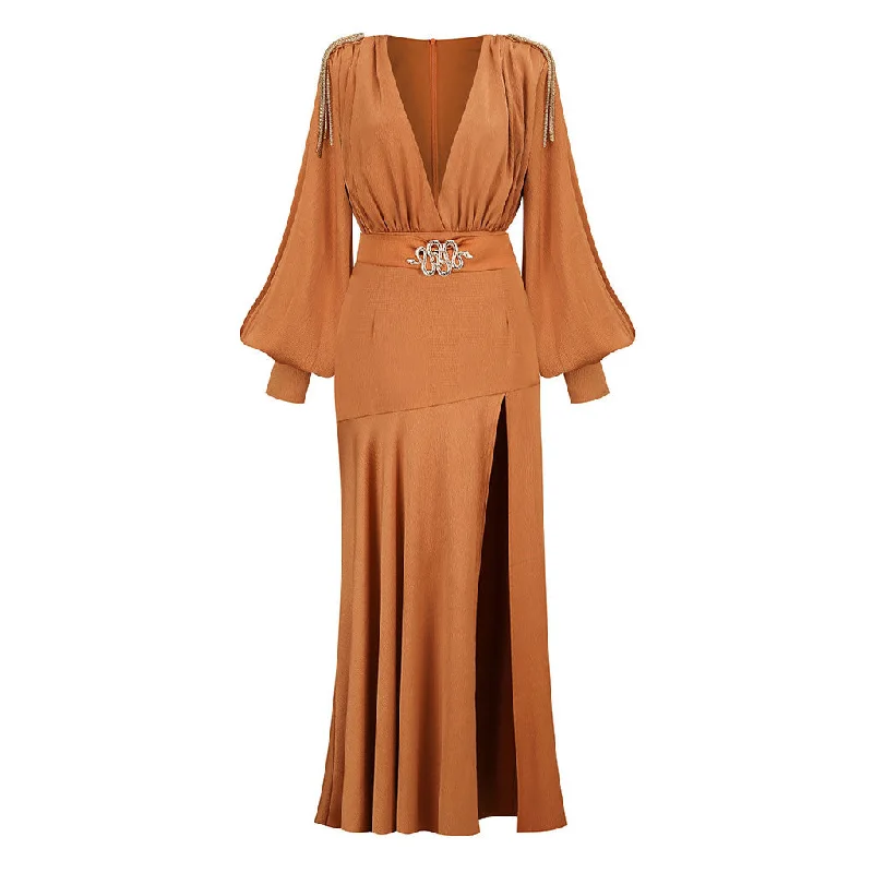 Year-End Sale Snake Belted Fringe Bishop Sleeve Plunge Neck High Split Maxi Evening Dress