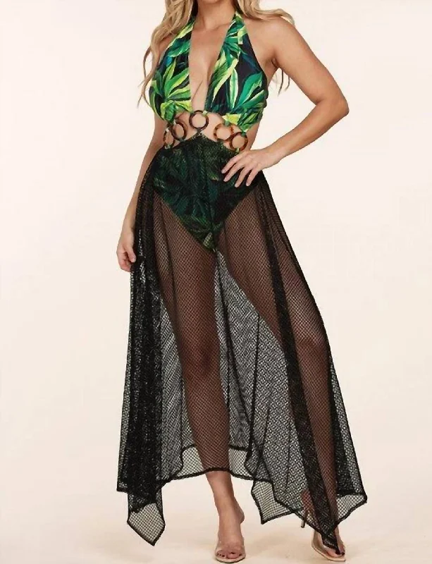 Palm Leaf With Body Swimsuit Mesh Maxi Dress In Black & Green