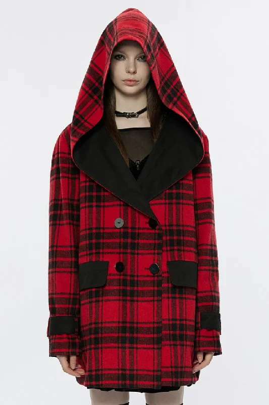 Instant Discount Black/Red Plaid Print Hooded Women's Punk College Style Coat