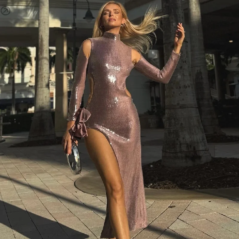 Fantastic Offers Asymmetrical Split Velvet Bow Cutout Sequin Embellished Maxi Formal Dress