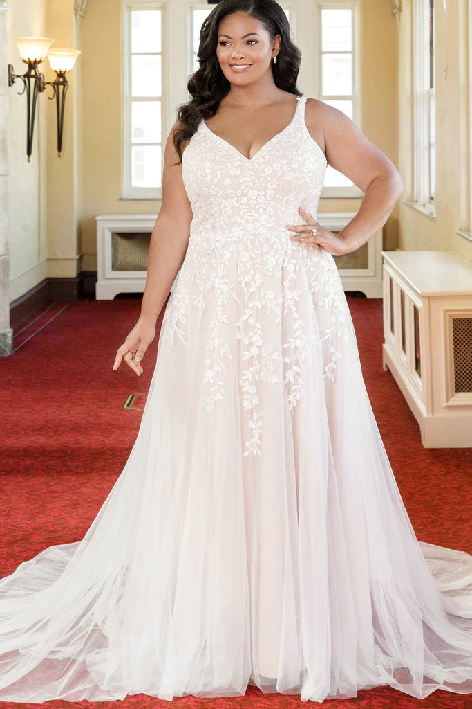 Stock Up and Save Michelle Bridal For Sydney's Closet MB2301 Sleeveless A-Line Silhouette Clear Sequin Leaf Appliques "Josephine" Bridal Gown