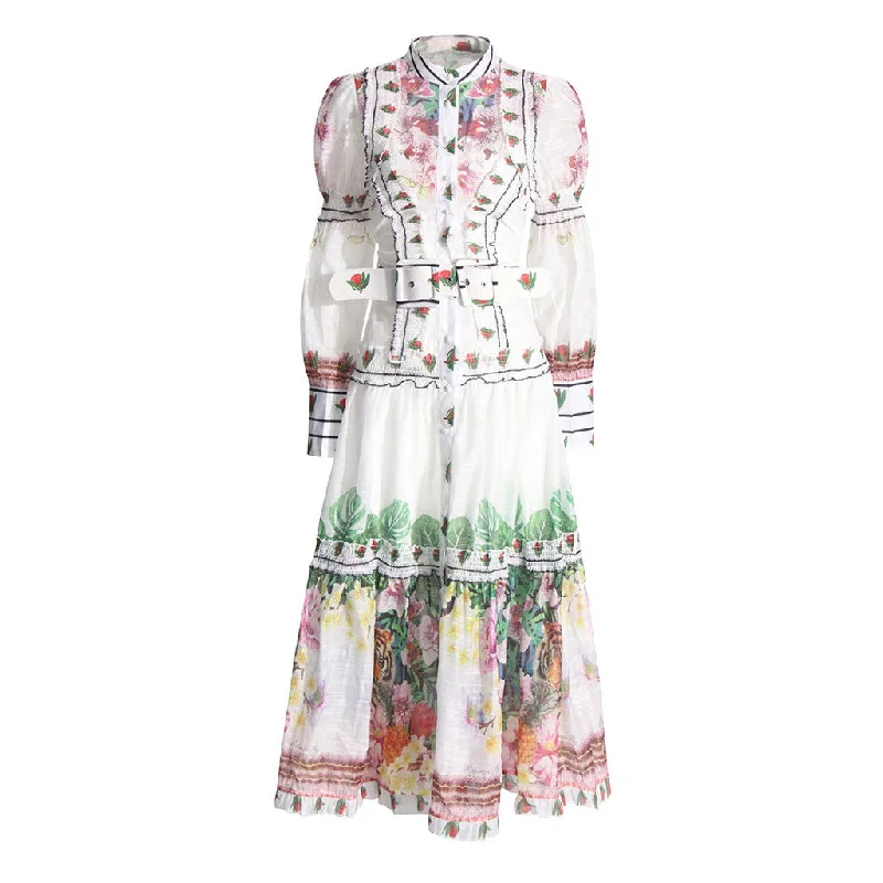 Customer Appreciation Sale Regal High Neck Button Up Balloon Sleeve Belted Ruffle Floral Printed Maxi Dress