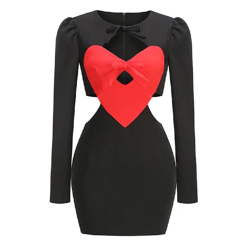 Limited Quantity Rebellious Bow Tie Red Heart Cutout Puff Sleeve Bodycon Mini Party Dress