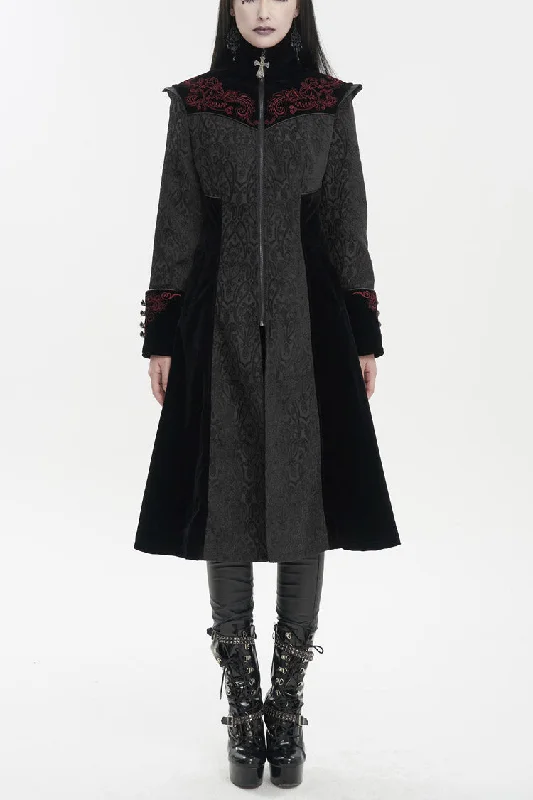 Black Jacquard Studded Mushroom Buckle Metal Cross Embroidered Women's Gothic Coat