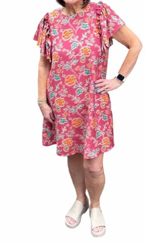 Flutter Sleeve Flower Print Dress In Pink