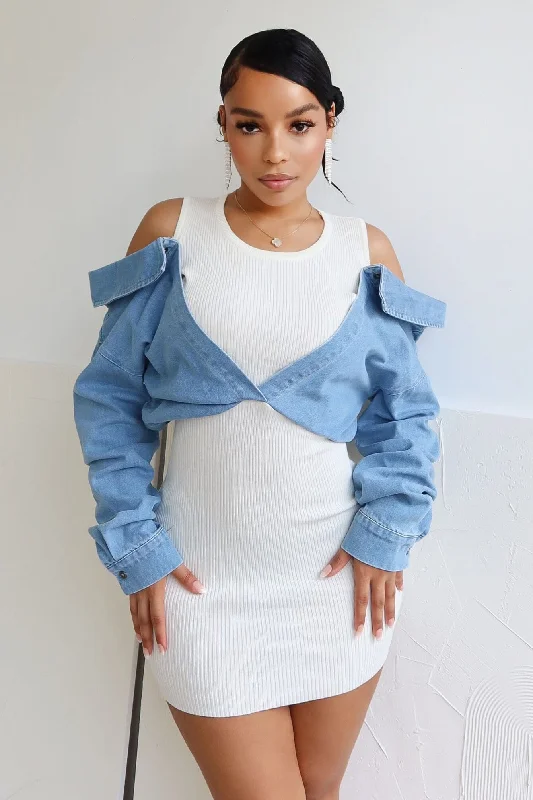 Super Deal Eleanor Denim And Knit Contrast Dress