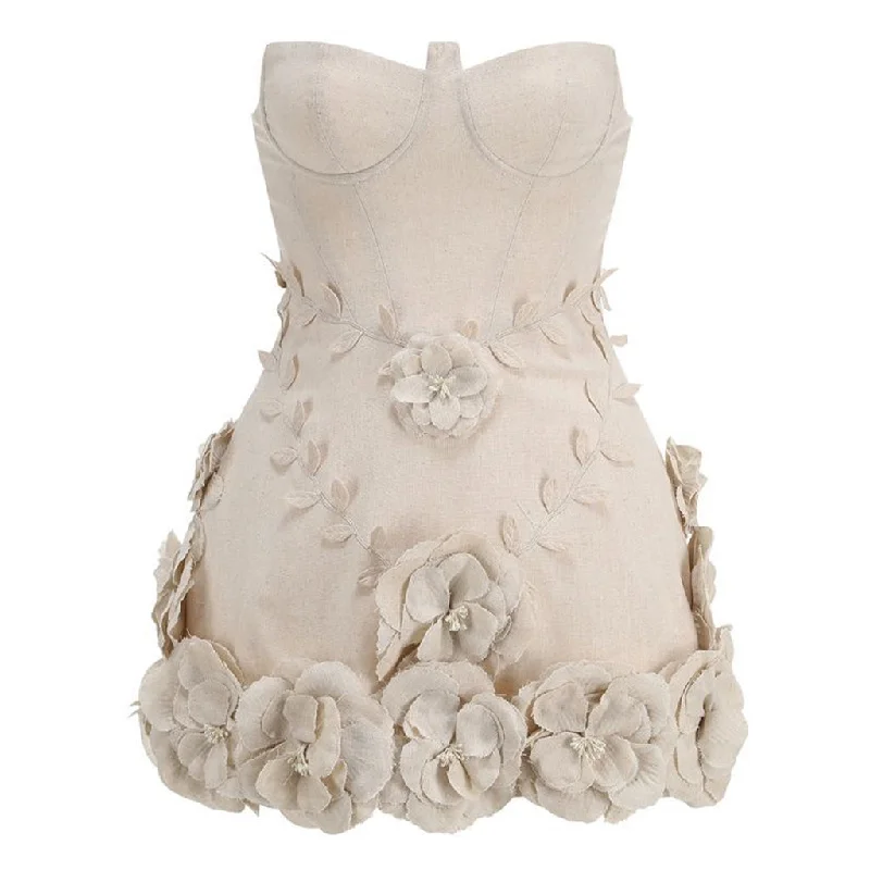Super Sale Sexy Strapless Drop Waist Bodycon Linen Blend Micro Mini Rosette Dress