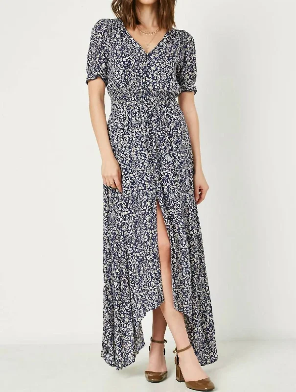 Floral Ruched Waist Maxi Dress In Navy