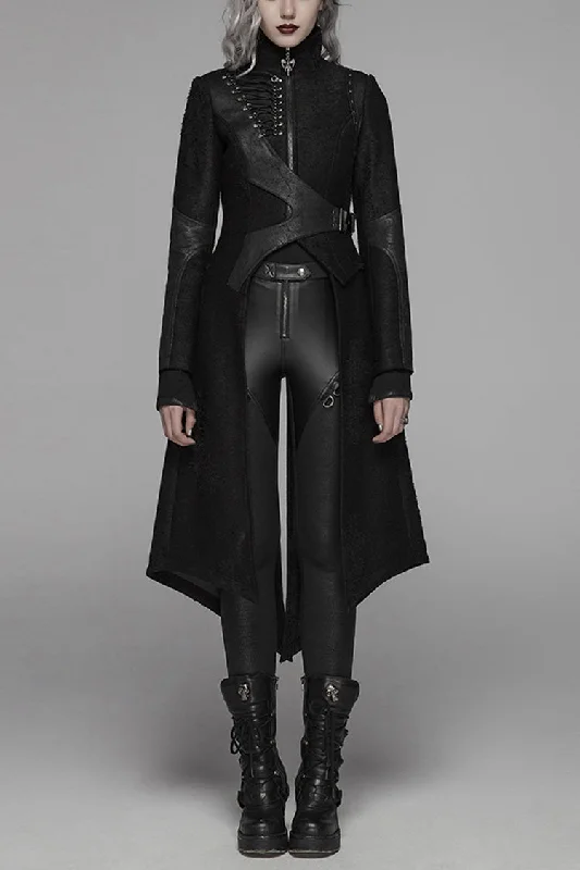Value Deals Black Stand Collar Long Sleeves Asymmetric Design Stitching Irregular Womens Steampunk Coat
