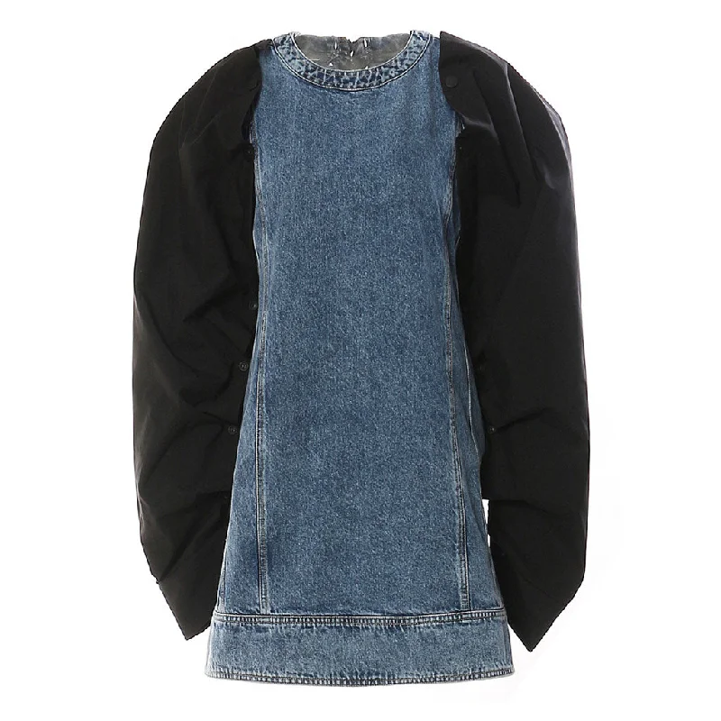 Super Savings Oversized Detachable Puff Sleeve Crew Neck Faded Effect Hybrid Denim Mini Dress