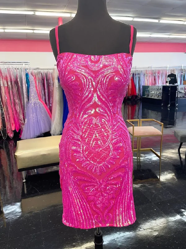 Jovani 09696 Size 8 Hot Pink Short Fitted Sequin Backless corset Formal Cocktail Dress Scoop neck Gown