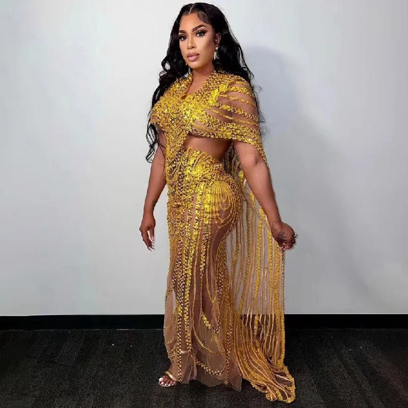 Don't Wait Sexy Crystal Accent Drape Cape Cutout Sheer Mesh Sequin Festive Maxi Formal Dress Don't Wait Sexy Crystal Accent Drape Cape Cutout Sheer Mesh Sequin Festive Maxi Formal Dress