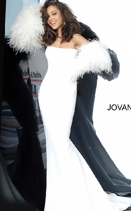 Jovani 1226 Long Fitted Formal Evening Gown Fur Sleeves White Dress Wedding