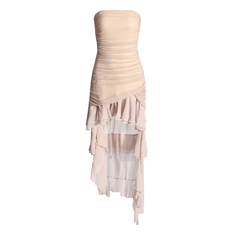 Clearance Sale Ethereal Mesh Hybrid Chiffon Ruched Bodycon Layered Ruffle Tube Dress