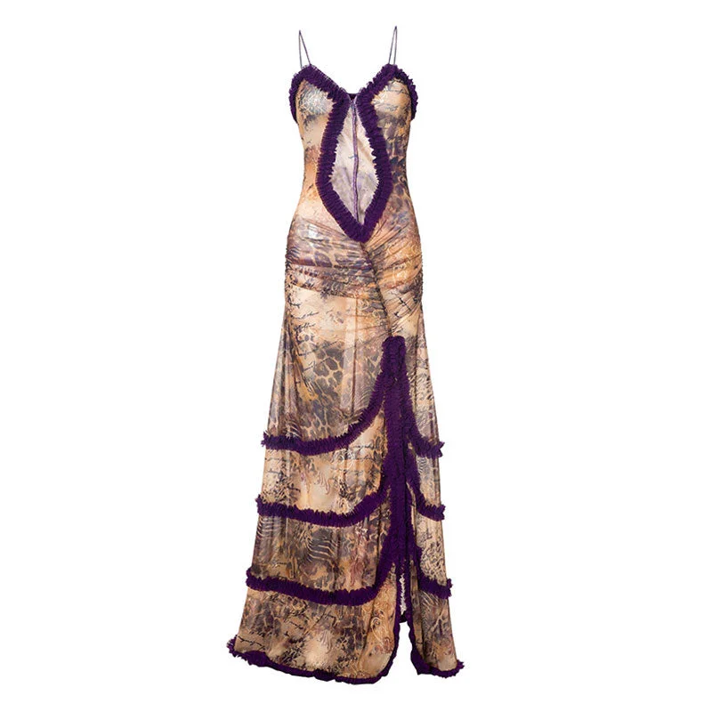 Holiday Sale Sexy Leopard Print Bustier Cutout Ruffle Layered High Split Maxi Sheer Dress