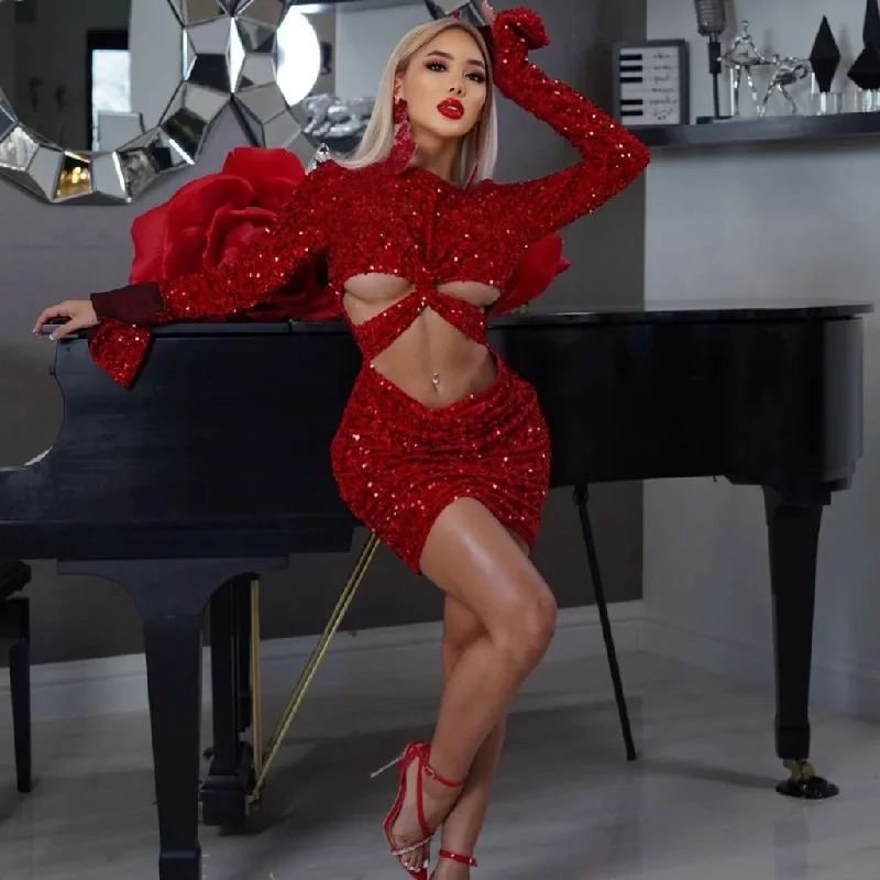 Best Seller Sexy Cut Out Front Twist Flutter Sleeve Frill Trim Velvet Sequin Mini Party Dress