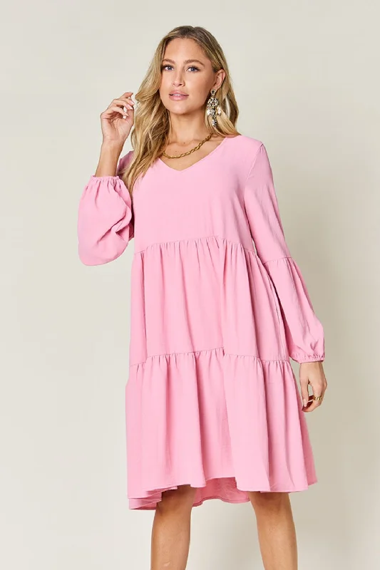 Referral Discount Double Take Full Size V-Neck Balloon Sleeve Tiered Dress with Pockets