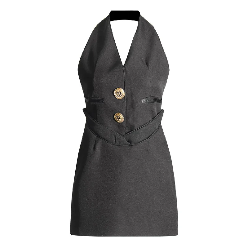 Grand Opening Sale Minimalist Halter Golden Button Drop Waist Backless Crepe Vest Mini Dress