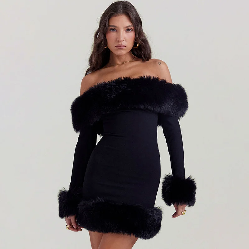 Early Access Opulent Faux Fur Trim Off The Shoulder Long Sleeve Mini Bodycon Party Dress Early Access Opulent Faux Fur Trim Off The Shoulder Long Sleeve Mini Bodycon Party Dress