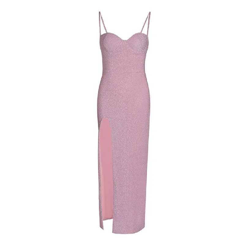 Stock Up and Save Luxury Bustier Sleeveless High Split Sheath Metallic Lurex Maxi Evening Dress