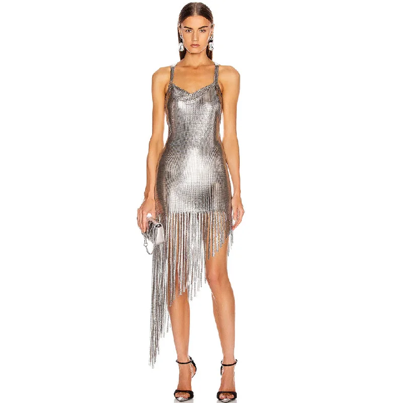 Don't Wait Asymmetrical Fringe Cowl Neck Backless Metal Mesh Dress - Silver