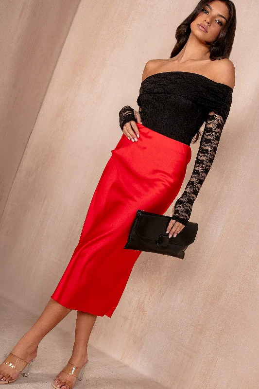 Closeout Briley Red Satin Midi Skirt