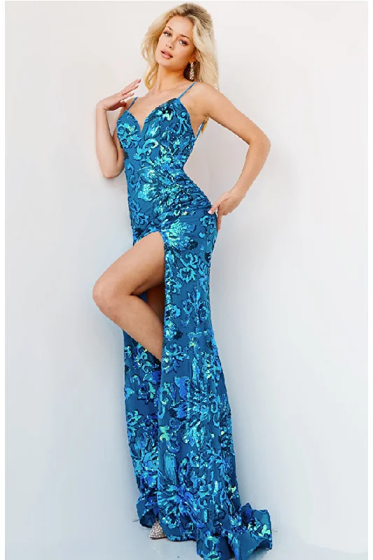 New Markdowns Jovani 08459 Spaghetti Strap V-Neck Low Back Sheath Sequin Embellished Prom Dress