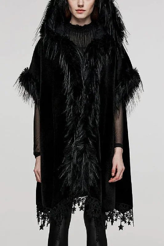 New Deals Black Bat Sleeves Tassel Faux Fur Stitching Lace Hooded Womens Gothic Elegant Cloak