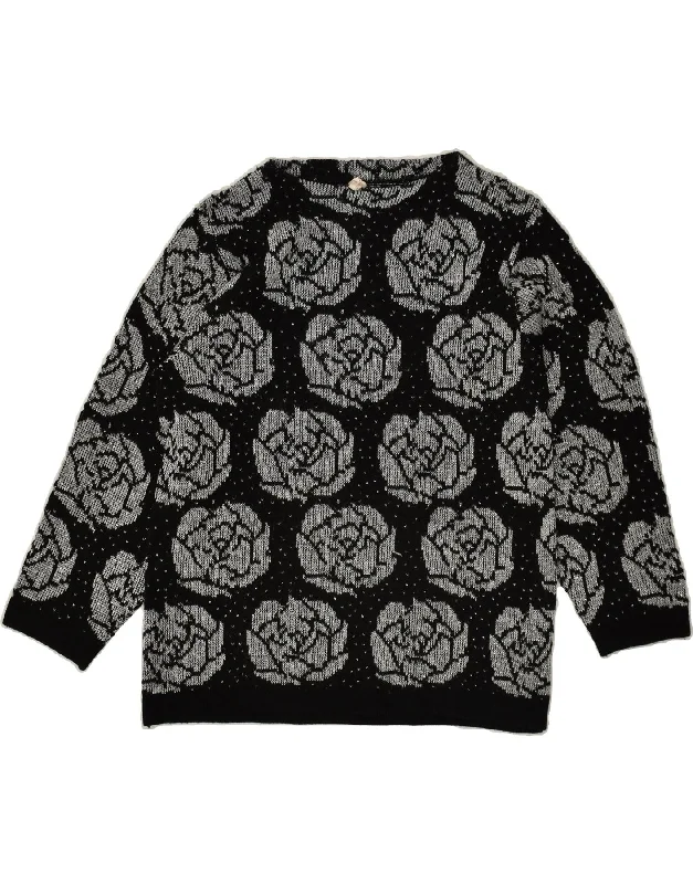 Exclusive Deal VINTAGE Womens Crew Neck Jumper Sweater EU 42 Large Black Floral Acrylic