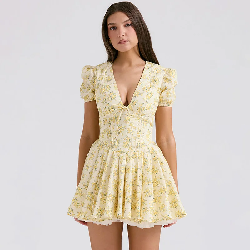 Early Access French Style V Neck Bow Trim Short Sleeve Drop Waist Mini Floral Print Dress Early Access French Style V Neck Bow Trim Short Sleeve Drop Waist Mini Floral Print Dress