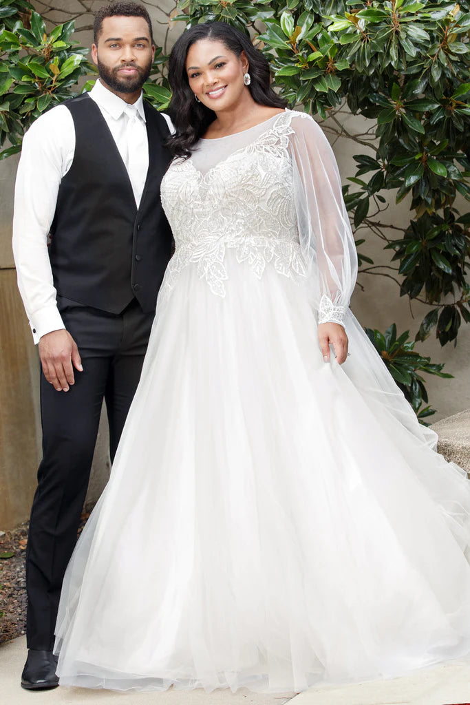 Clearance Event Michelle Bridal For Sydney's Closet MB2302 A-Line Silhouette Modern Leaf Appliques Clear Sequins Bugle Beads Long Sleeve Pouf Sleeves Plus Size "Seraphina" Bridal Dress