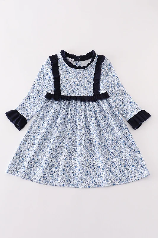 Year-End Clearance Blue floral print ruffle girl dress