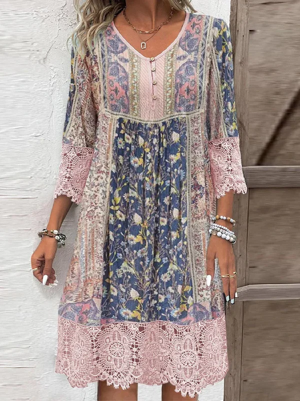 Special Discount Full Size Lace Detail Printed Three-Quarter Sleeve Dress