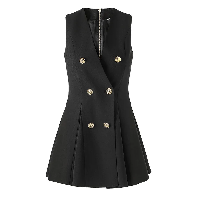 Deal of the Week Minimalist V Neck Double Breasted Godet Panel Crepe Vest Skater Mini Dress