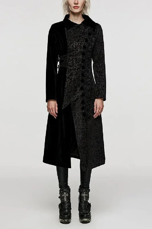 Weekend Deal Black Stand Collar Jacquard Print Stitching Womens Gothic Coat