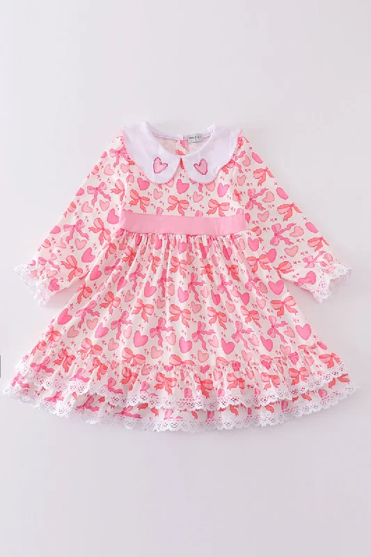 Anniversary Sale Pink valentine heart bow embroidery girl ruffle dress