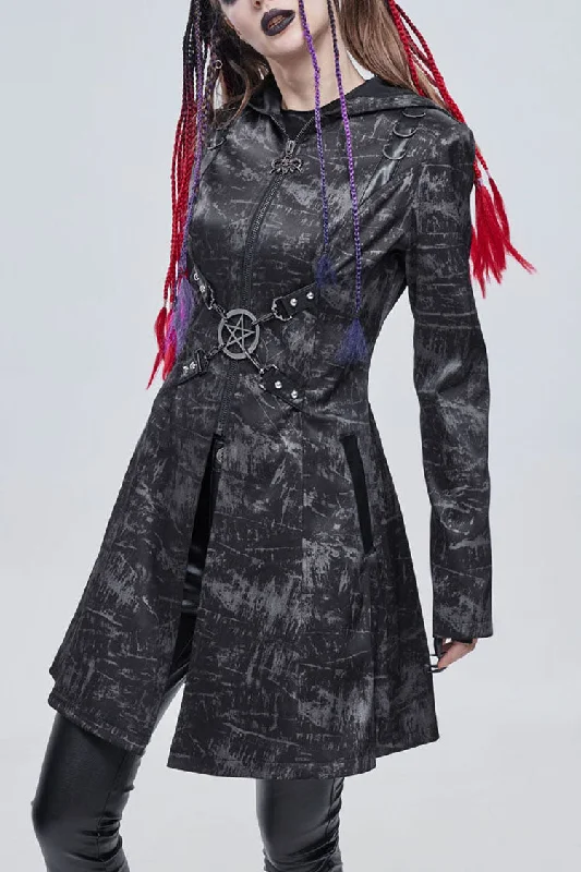 Gray Punk Pattern Pentagram Shape Design Metal D-Shaped Buckle Decoration Hooded Women's Coat