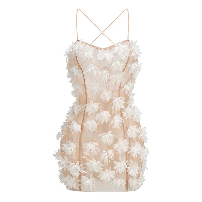 Closeout Romantic 3D Flower Applique Spaghetti Strap Backless Sheer Mesh Mini Dress