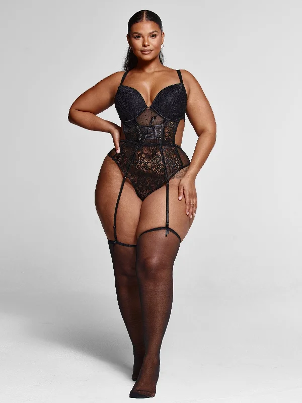 Must-Have Deals Angelina Corset Detail Lace Bodysuit with Garter Belt & Stockings