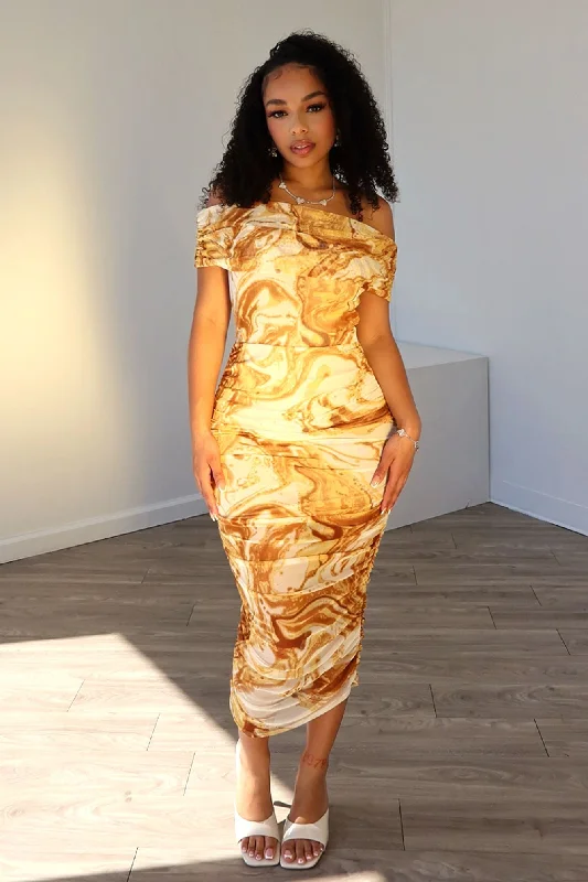 Deep Discounts Golden Hour Mesh Ruched Dress
