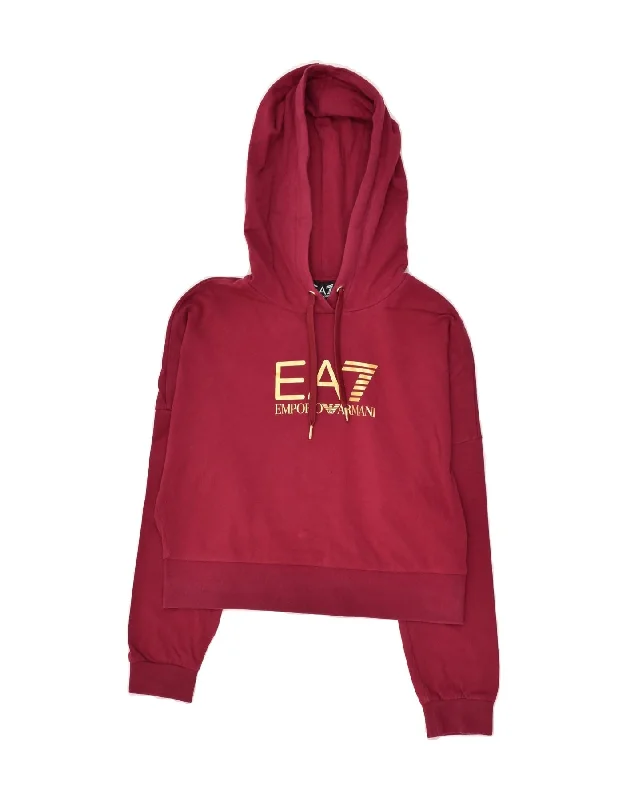 EA7 Womens Crop Graphic Hoodie Jumper UK 14 Medium Burgundy