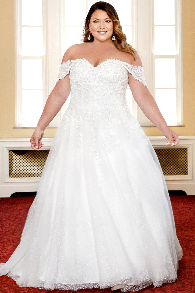 Year-End Sale Michelle Bridal For Sydney's Closet MB2313 A-Line Floral Lace Clear Sequins Clear Bugle Beads Lace Appliques On Soft Bridal Tulle Textured Glitter Net Satin Sweetheart Neckline Detachable Drape Sleeves Plus Size "Guinevere" Bridal Gown