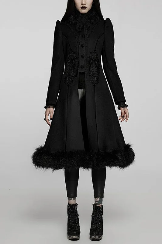 Black Gothic Gorgeous Symmetric Appliqu¨¦ Detachable Big Fur Collar Loose Hem Long Women's Coat