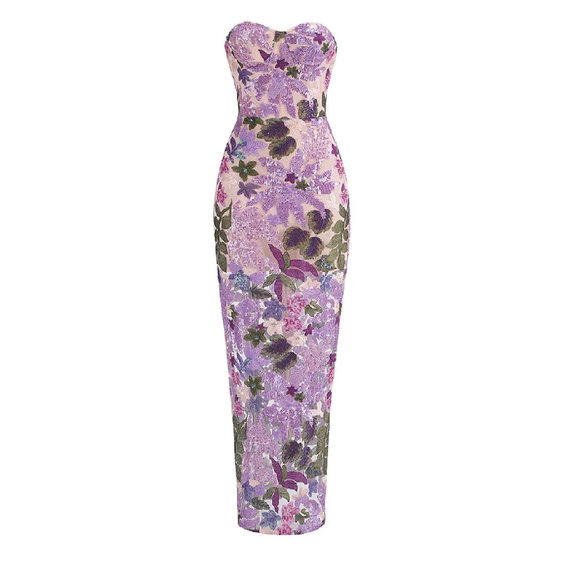 Huge Savings Sparkly Sequin Embroidered Floral Strapless Corset Evening Maxi Dress