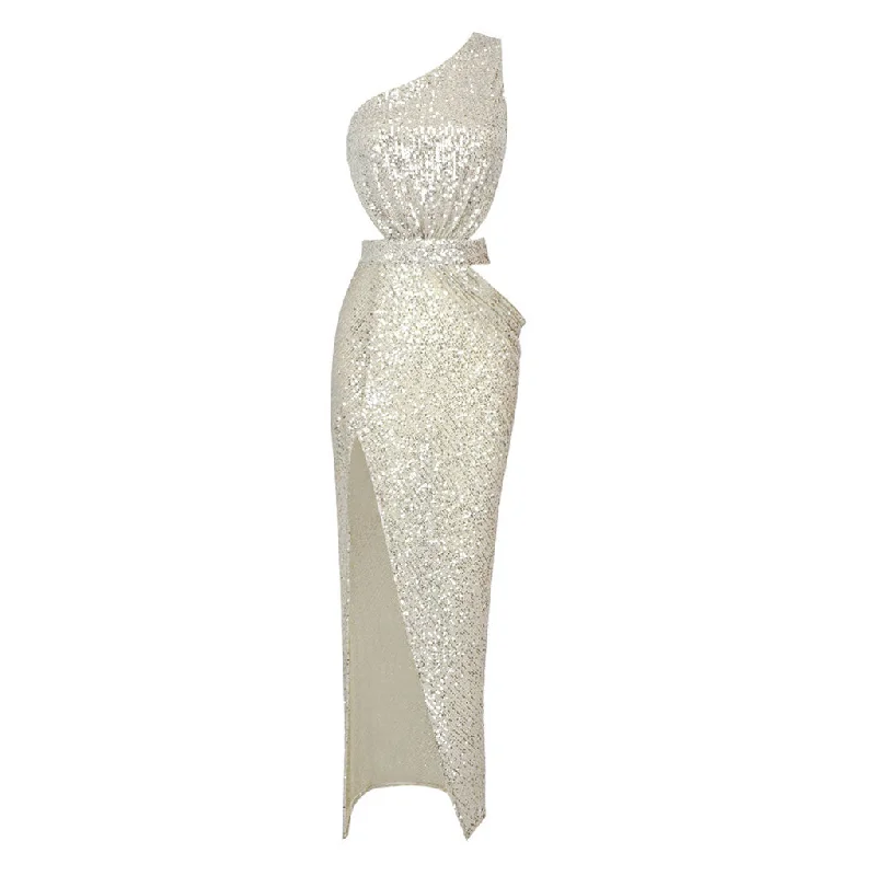 Price Smash Sparkly Sequin One Shoulder Cutout Draped High Slit Maxi Evening Dress