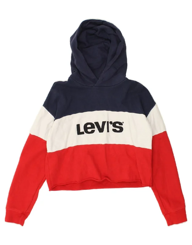 LEVI'S Womens Crop Graphic Hoodie Jumper UK 10 Small Red Colourblock